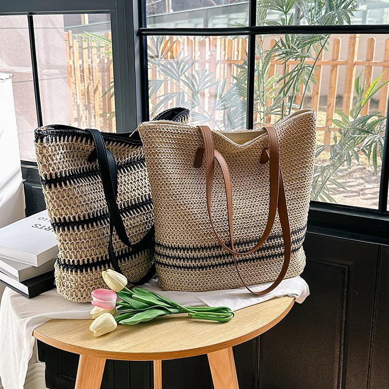 Designer Striped Straw Shoulder Bag Female Fashion Large Capacity Shopping Women's Handbags Summer Leisure Beach Tote Bag
