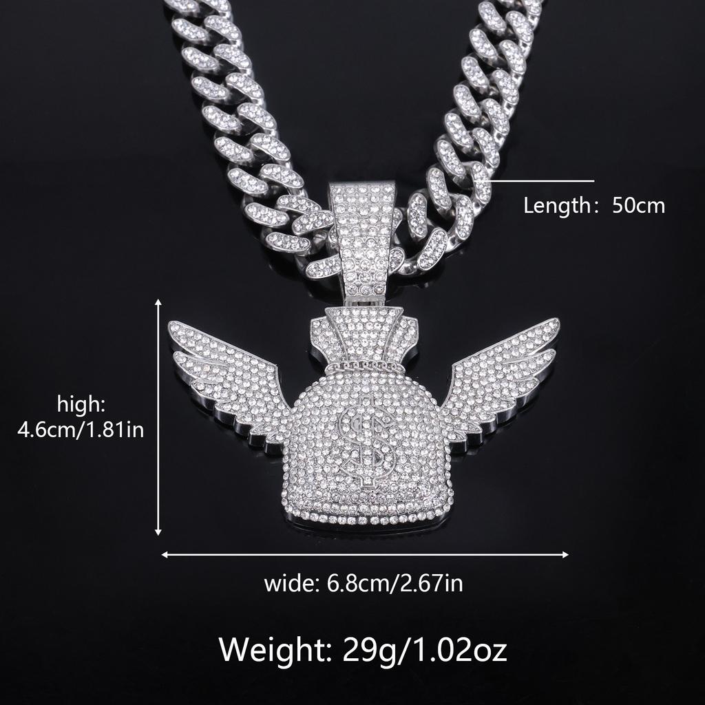 Alloy Necklace Men's Trend Cross-Border Flying Money Bag Wings US Dollar Pendant, Hip Hop Fashion Diamond Pendant