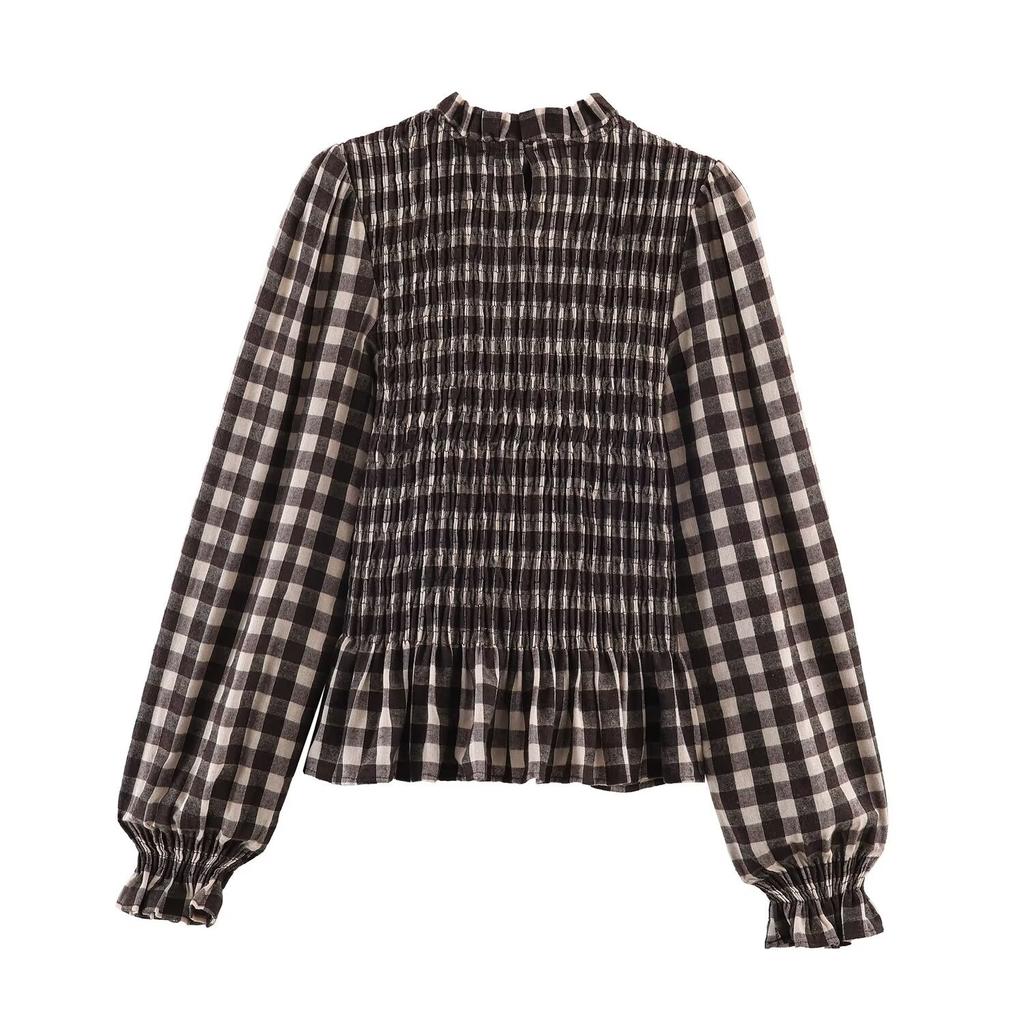 European and American Women's Clothing 1116 Spring New Product Stand-up Collar Plaid Versatile Bubble Sleeves Long-sleeved Shirt Top Women