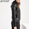 BITCED Plus Size Fleece-Lined Women's Leather Jacket with Hood Autumn/Winter Short Coat Warm Casual Jacket