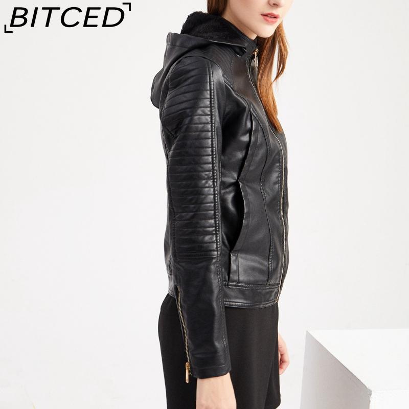 BITCED Plus Size Fleece-Lined Women's Leather Jacket with Hood Autumn/Winter Short Coat Warm Casual Jacket