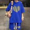 2Pcs/Set Men Summer Outfit Round Neck Short Sleeve Tops Wide Leg Shorts Set Heart Pattern Loose Fit Tracksuit