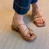 Soft Leather Version! Retro Brown Sandals Women's Summer Square Head One-word Open-toe Back Strap Thick Heel Casual Shoes