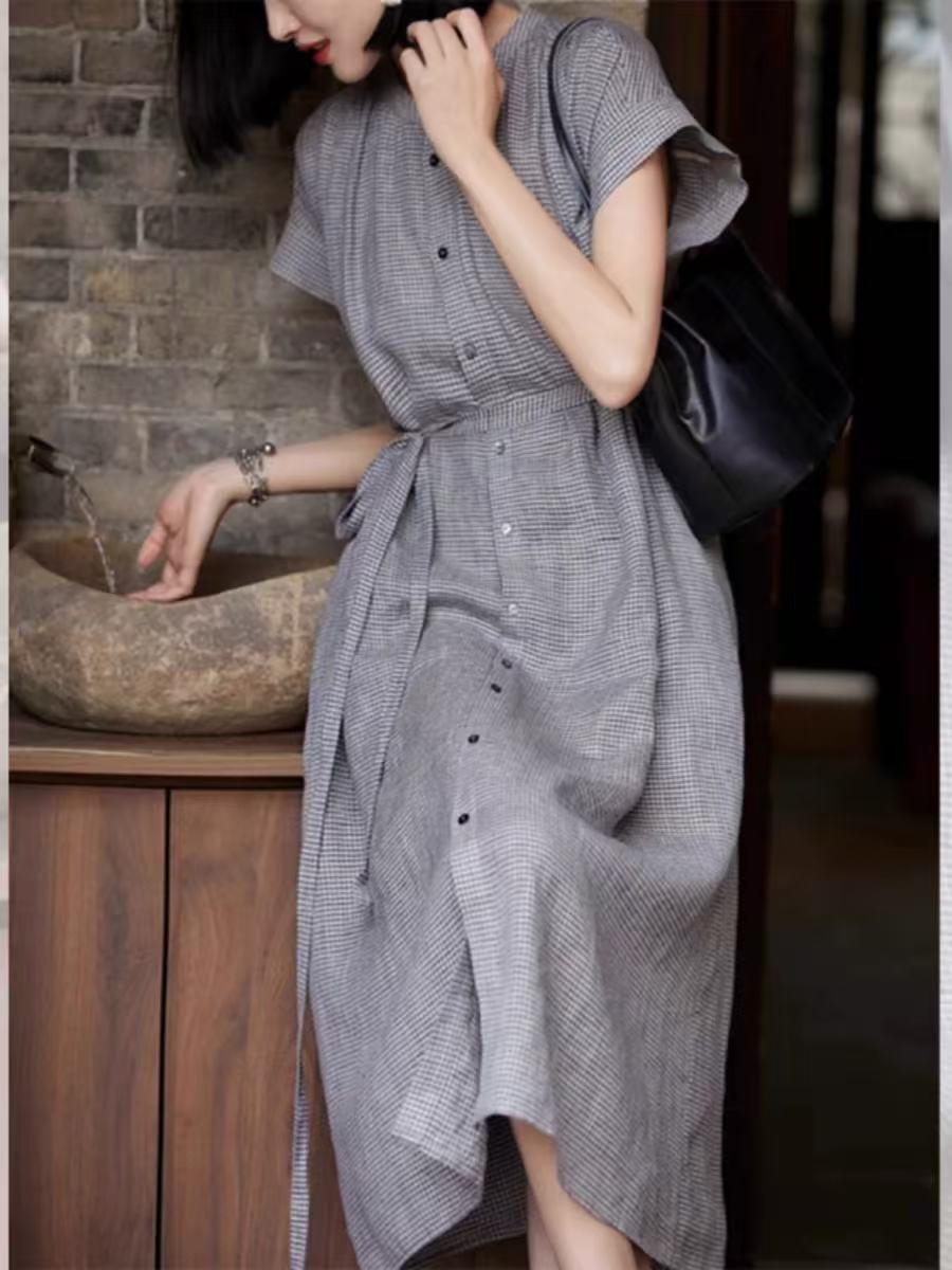 

Cotton and linen small commuter medium and long coffee break dress 2025 summer light mature style high-end dress women 2XL