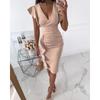 Damen Elegantes V-Ausschnitt Raffung Rüschen Hohe Taille Bodycon Midi Partykleid