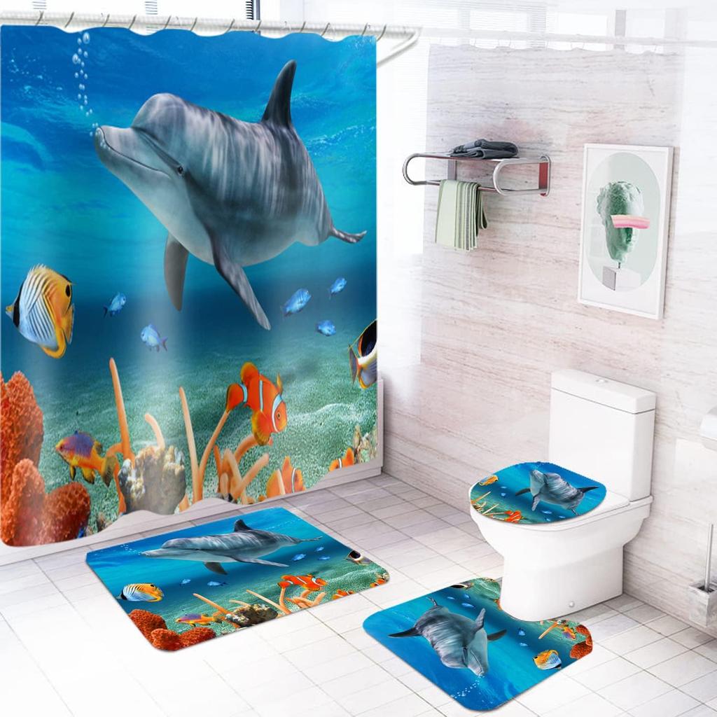 Shower Curtain And Bathroom Carpet Non-Slip Toilet Set, Home Bathtub Waterproof Shower Curtain 3D Printed Durable Polyester Fabr