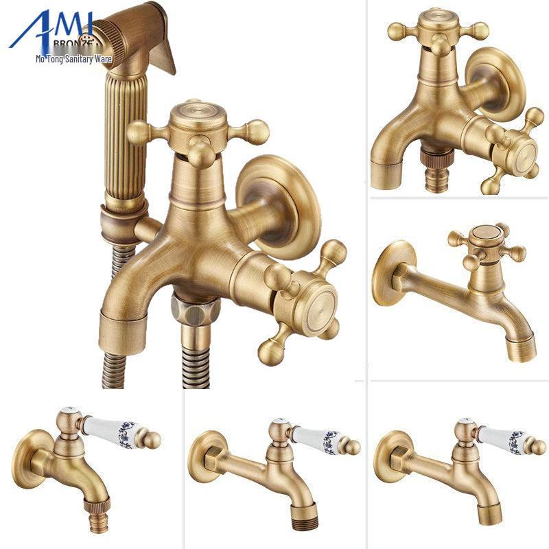 Grifo para Fregadero de Mopa de Estilo Europeo de Doble Uso con Rociador de Apertura Rápida - Agua Fría Única, Uno Entra Dos Salen