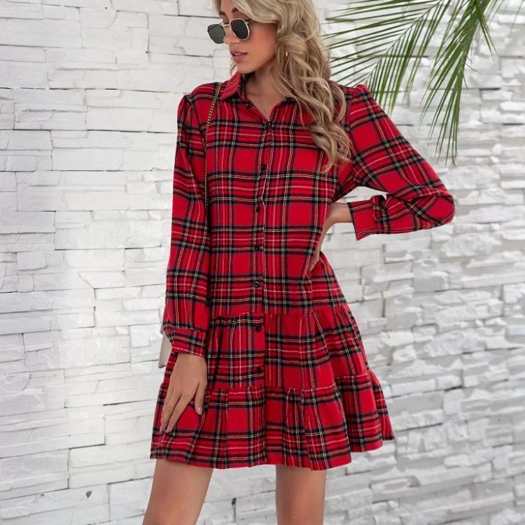 QICED Jarní a letní dortové šaty kostkovaná košile dlouhý rukáv jednoradé dámské oblečení