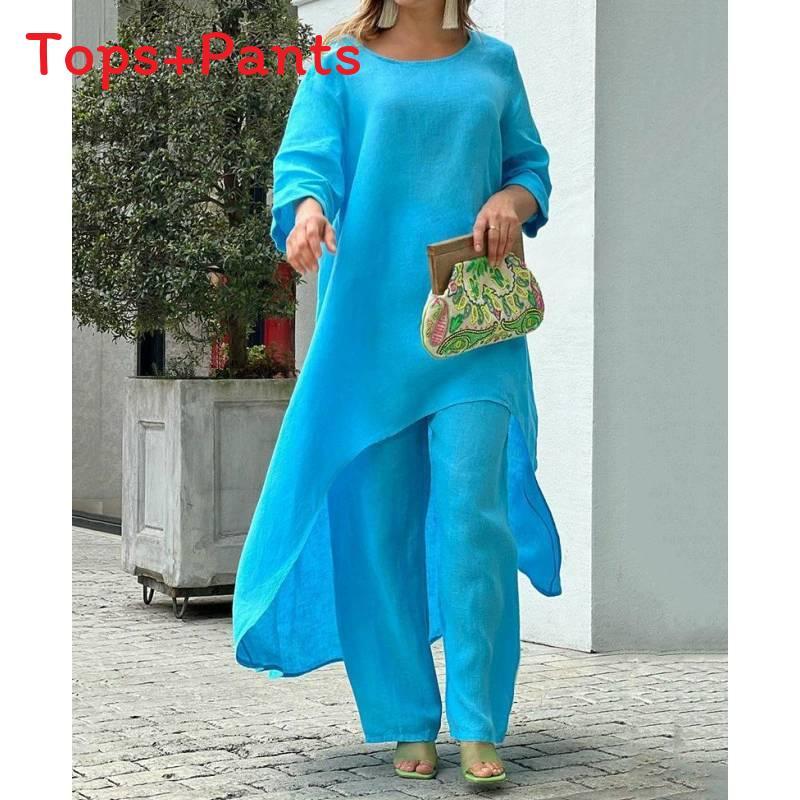 Cotton Linen Casual Woman Set With Irregular Long Sleeve Hoodie And Wide Leg Pants For Spring Fashion Comfort