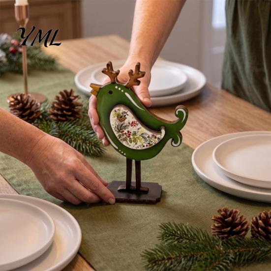 Winter Home Accents Christmas Bird Wooden Figurine with Santa Hat & Scarf, Cute Holiday Desk Ornaments Tabletop Decor, Festive Shelf Ornament