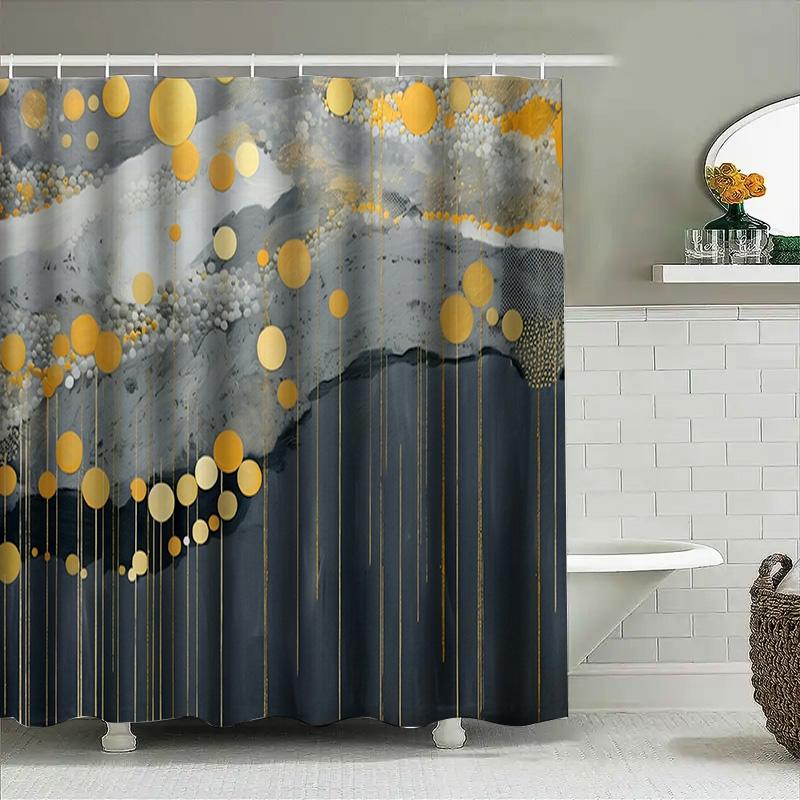 Luxury Gold White Geometric Shower Curtain Set For Bathroom Decor Heavy Duty Waterproof Fabric With Hooks (258X160Cm)