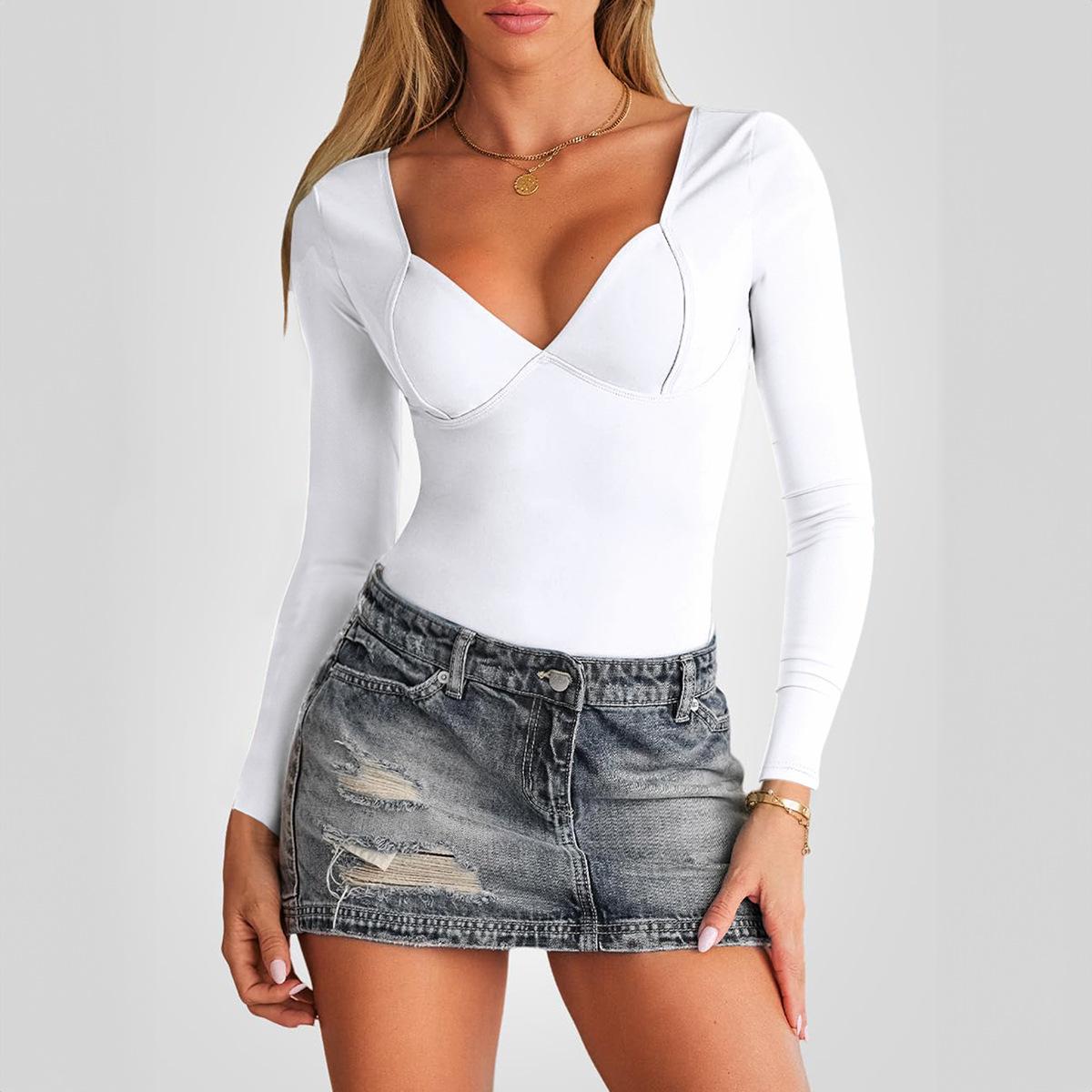 

Женский сексуальный облегающий однотонный топ с V-образным вырезом и длинными рукавами L белый