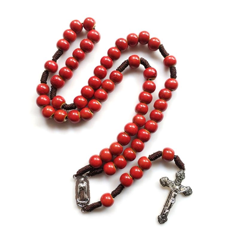10mm Acrylic Bead Rosary Necklace Vintage Weave Catholic Religious Cross Jesus Pendant Necklaces for Men Women Jewelry Charm