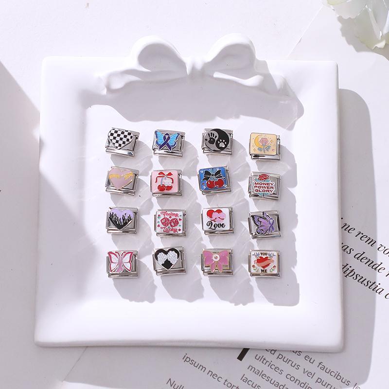 Pink Purple Butterfly Cherry Heart Tai Chi Bow Knot Italian Charm Link Fit 9MM Bracelet Stainless Steel Women Men DIY Making