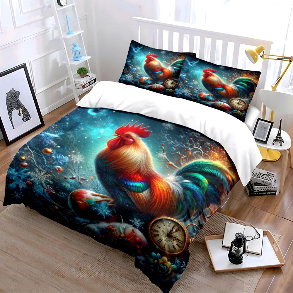 Colorful Rooster Winter Scene Bedding Duvet Cover Set (1*Duvet Cover 2*Pillowcases, Without Duvet Insert)