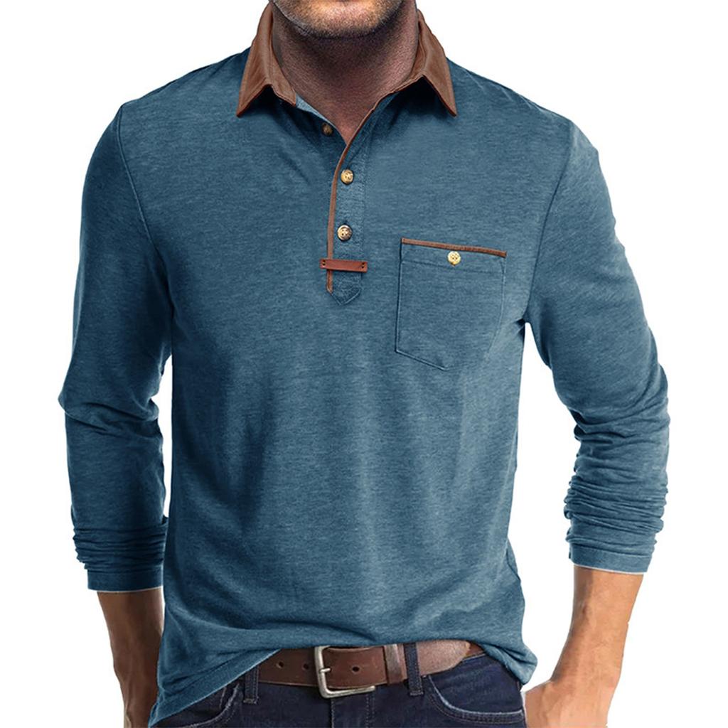 Herren Frühlings- und Farb-T-Shirt mit Kragen 3 Knöpfe Offene Knopfleiste Knöpfe Langärmliges Oberteil