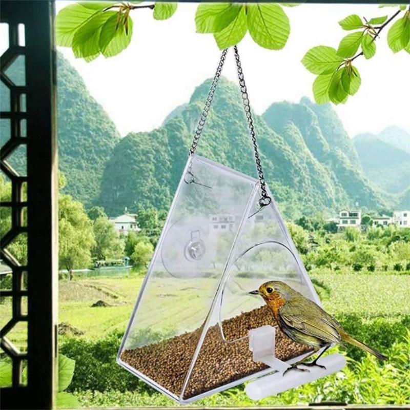 Clear Acrylic Bird Feeder with Window Suction Cup Hanging Chain Small Outdoor Bird Feeder for Wild Birds Finches