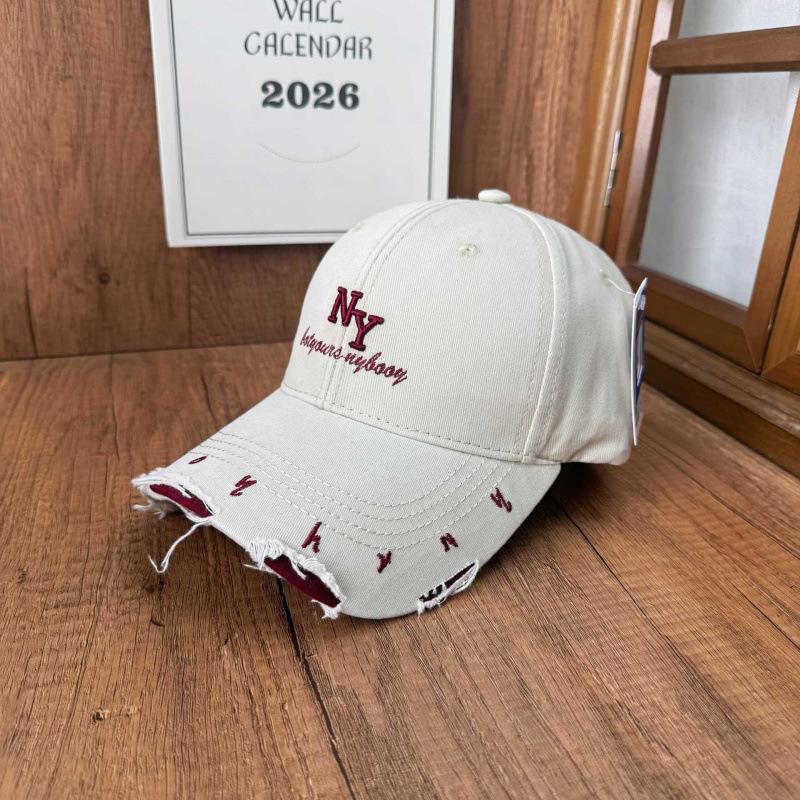 High cranial top plain baseball cap women washed old rough edge NY three-dimensional embroidery baseball cap versatile broken brim sun hat