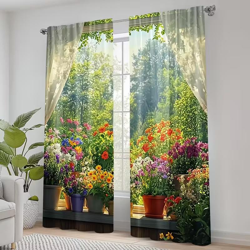 2 Pcs Windowsill flowers print curtains,suitable for bedroom,living room kitchen decoration,home decoration,window decoration