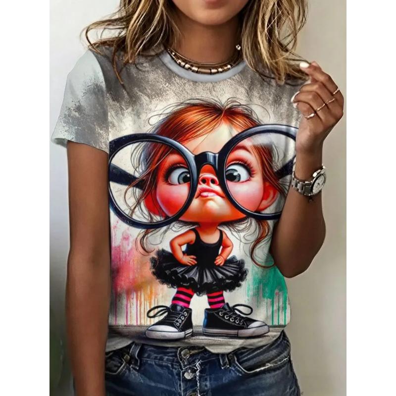 Moda Donna Girocollo Manica Corta Ritratto 3D Ritratto Stampato a Colori T-shirt a Manica Corta Girocollo