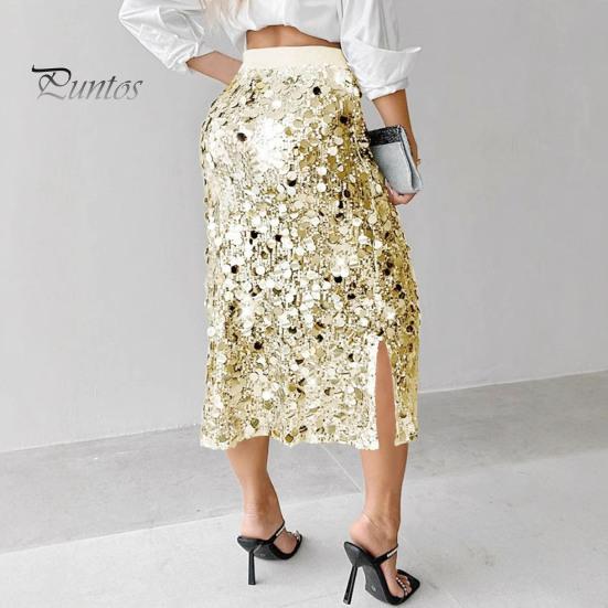 High-waisted Skirt Women High Waist Sexy Hip-Hugging Sequin Glitter Solid Midi Color Mid-calf Length Hip Wrapped Slimming Design Wedding Clubwear