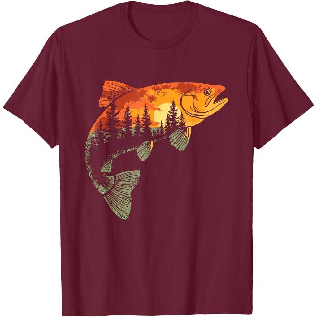 Trout Fishing Sunset Forest Graphic Tee Unisex Breathable Casual Round Neck TShirt