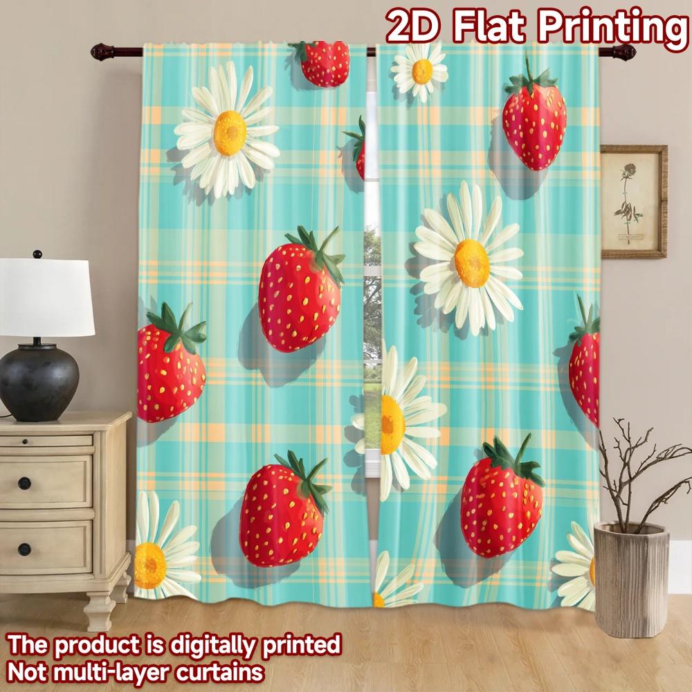 2D Flat Printing 2pcs Drapes Cute Strawberry Daisy Gingham Digital Printed Polyester Drapes Festive Curtains Use for Festive and
