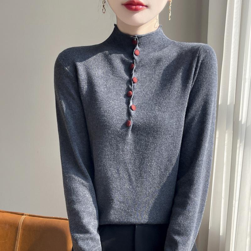Design Color Button Semi-Turtleneck Sweater Spring New Wool Button Button Loose Knitted Top Bottoming Shirt