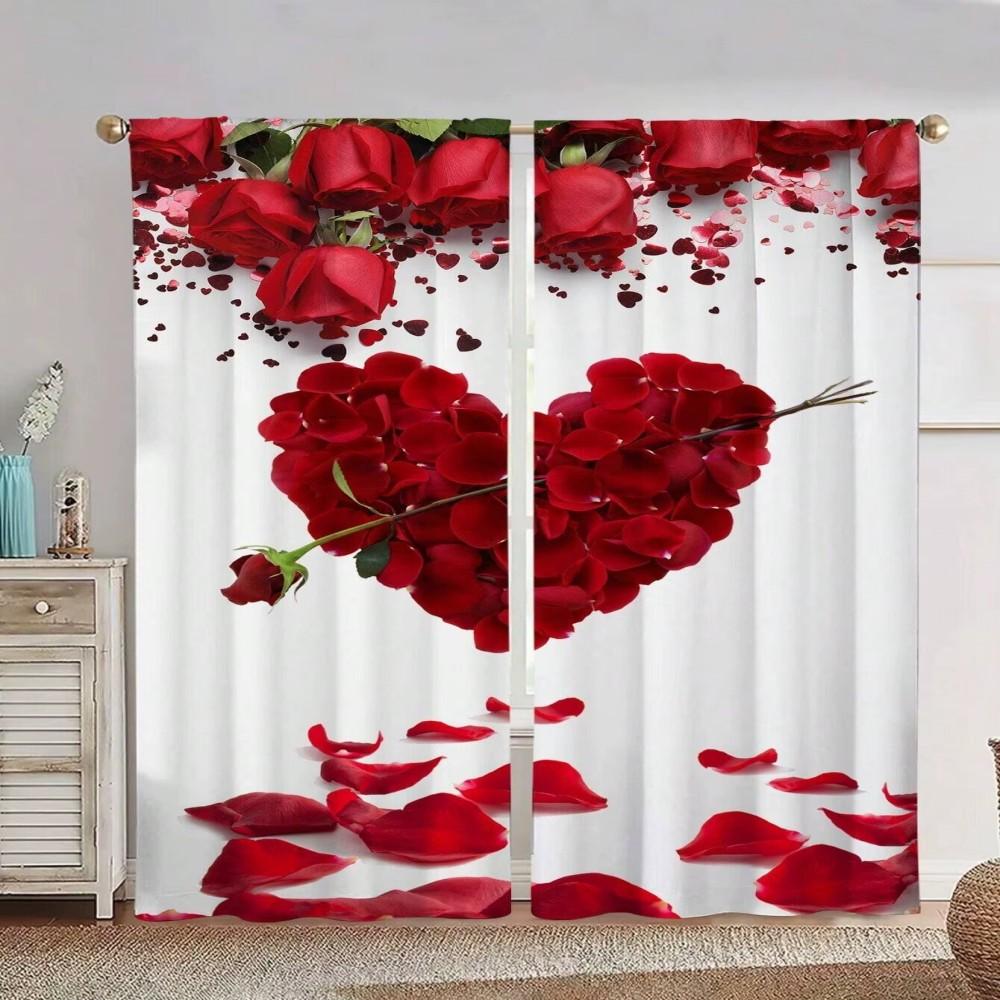 2pcs Romantic Red Rose Heart Printed Curtains, Love-Themed Design, Light-Filtering Fabric, Perfect for Bedroom Living Room Windo