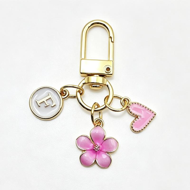 A-Z Letter Charm Enamel Keychain Pink Cherry Blossom Heart Design Key Ring for Graduation Souvenir Gift