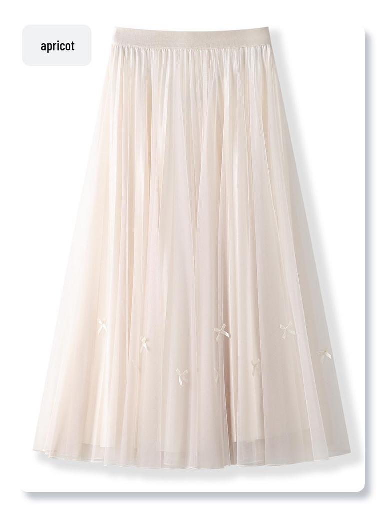 White Women's Drapey A-Line Mesh Skirt - 2024 New Autumn, Spring Mid-Length Pleated Style