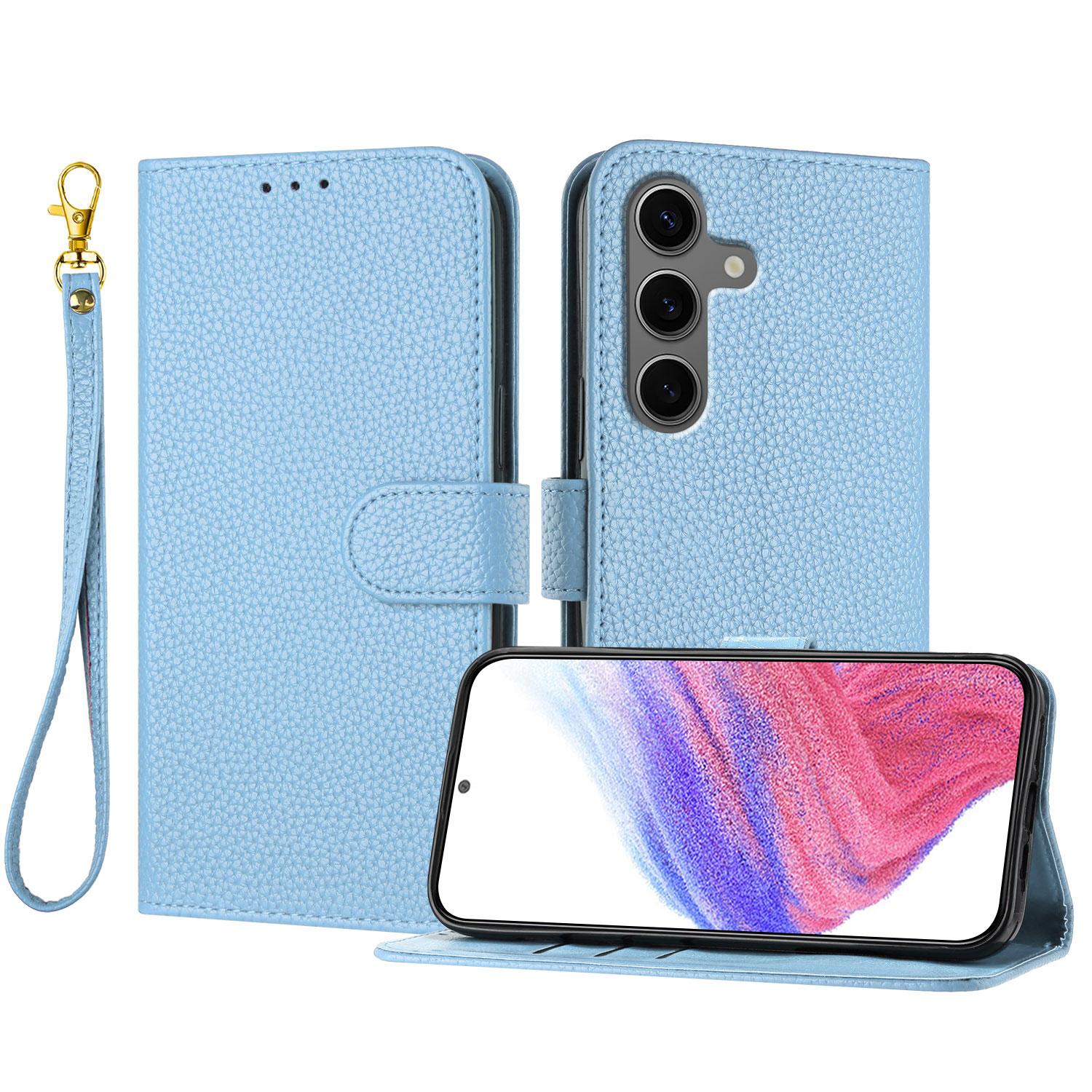 

For Samsung Galaxy S25+ Leather Case Litchi Texture Wallet Stand Anti Drop Phone Cover with Wrist Strap Blue