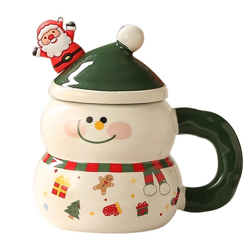 400ML Christmas Ceramic Cup with Lid Handle Cartoon Snowman Snowman Mug Couple Xmas Gift Milk Coffee Cup for Home with Box