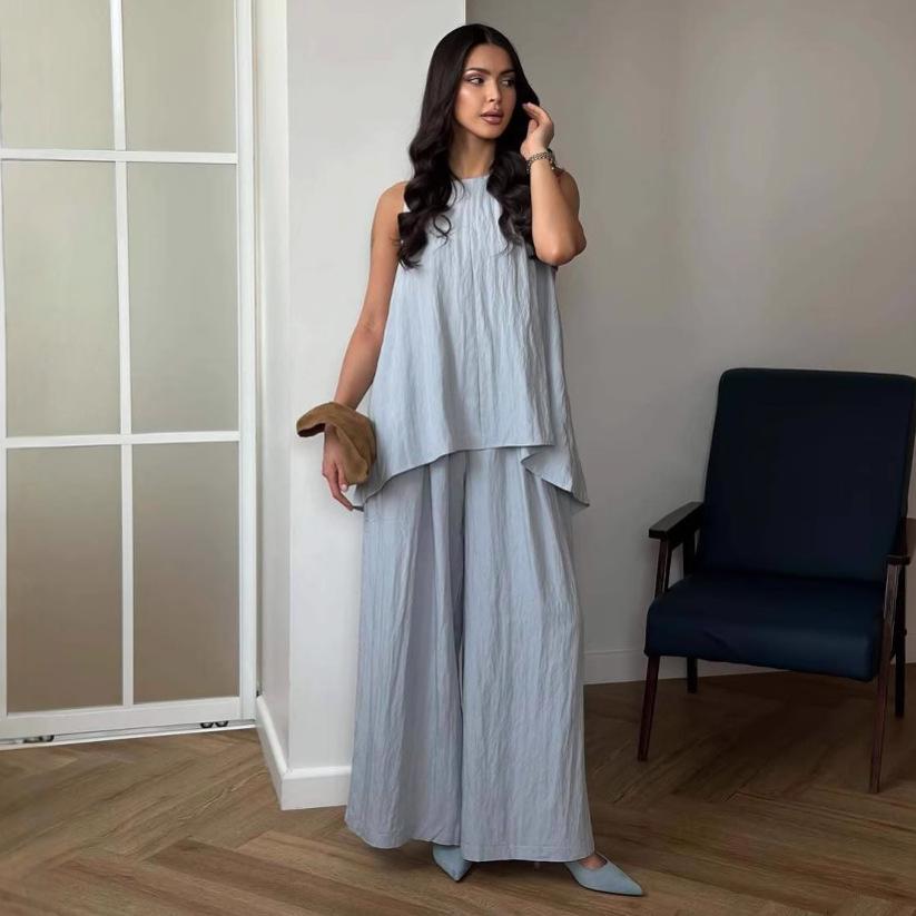 

2025 Summer Women s European & American Casual Fashion Set: Long-Sleeved Top & Wide-Leg Pants M