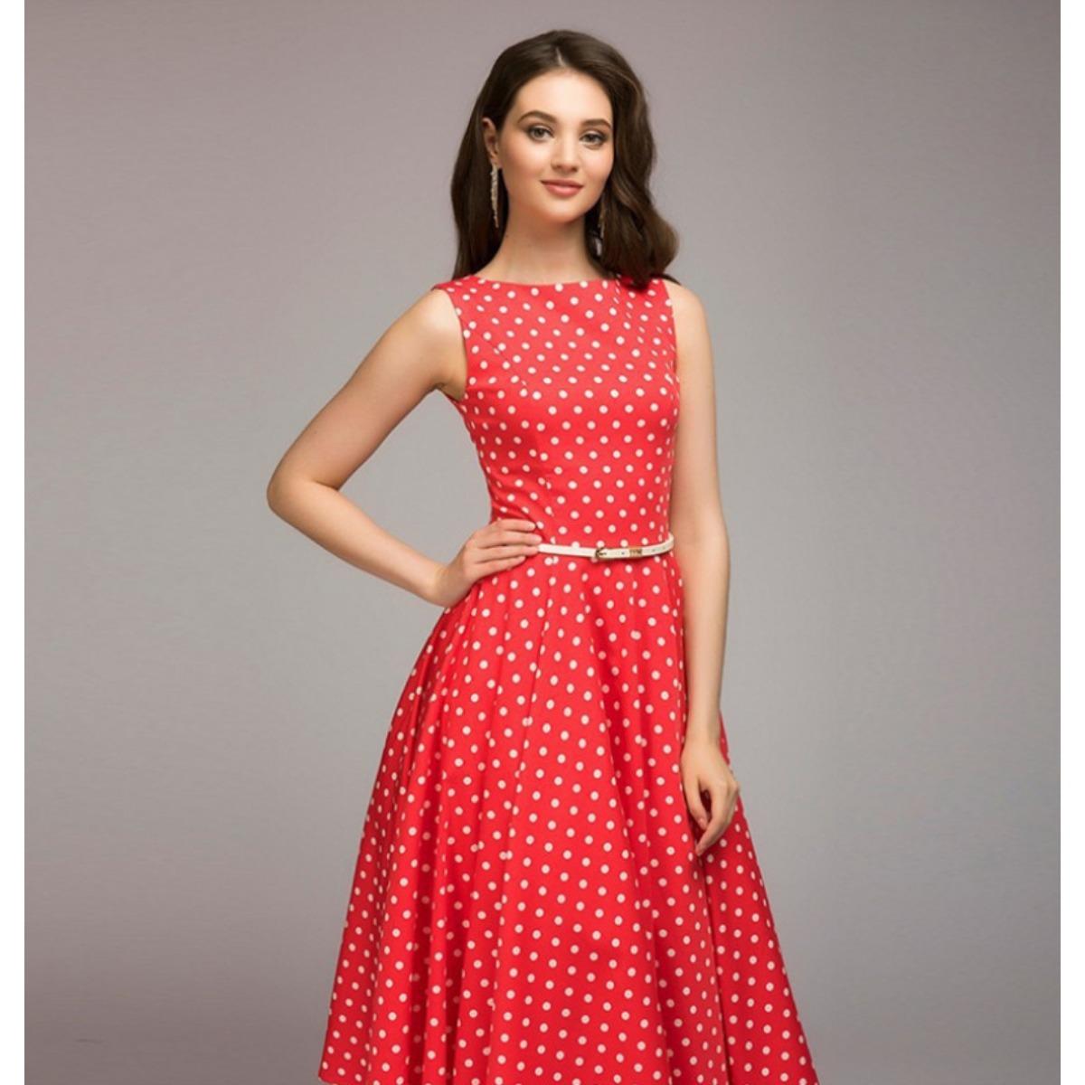 Women s Round Neck Sleeveless Polka Dot Midi Dress A Line Casual Summer Party Dress S красный