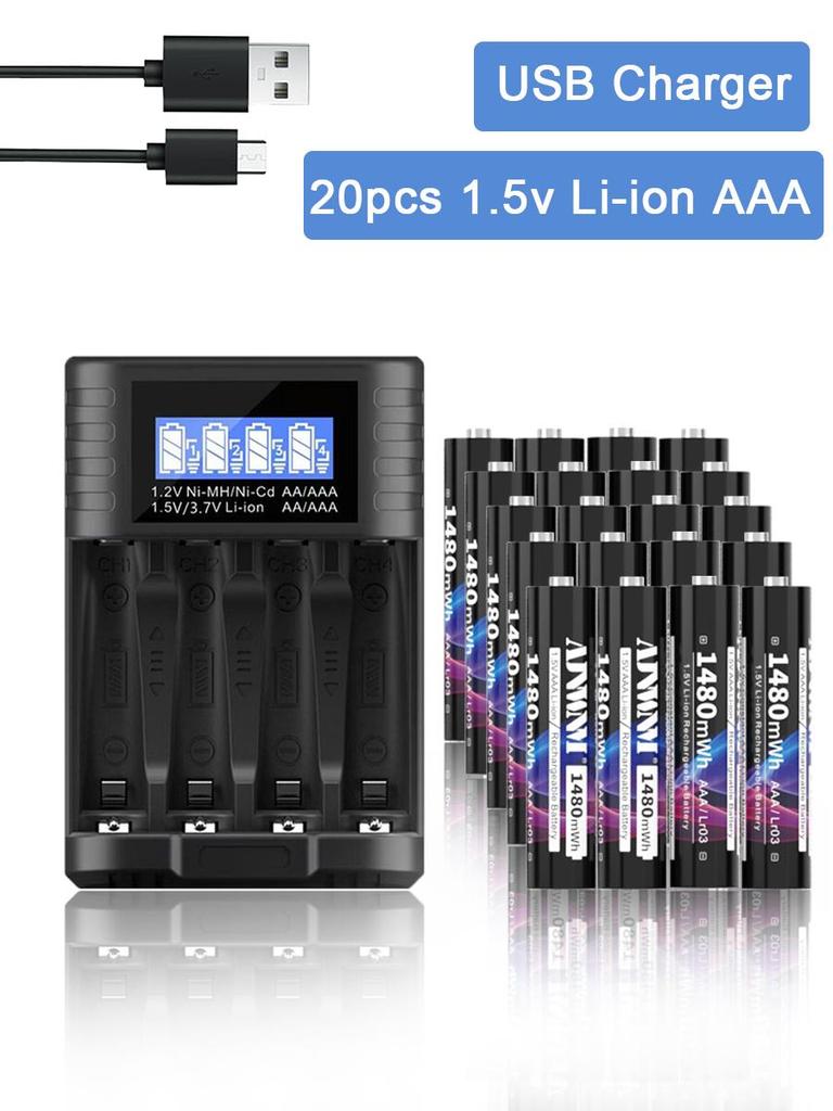 AJNWNM 1.5v AAA Battery Rechargeable 1480mWh AAA Rechargeable Battery 1.5v with LCD Charger for 1.5V Lithium Li-ion AA AAA Battery