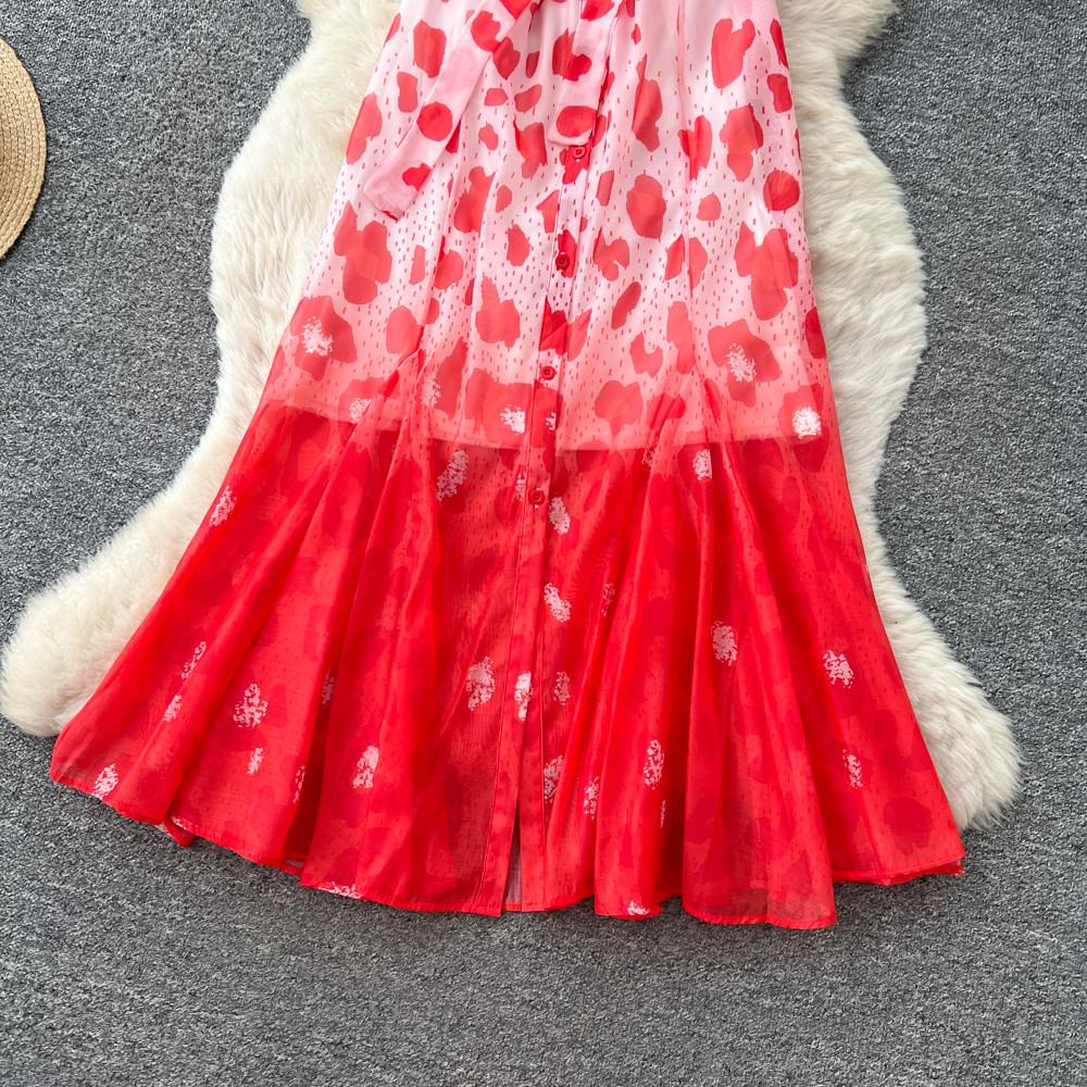 Robe Mi-Longue Imprimé Léopard Style Designer pour Femme Décontractée Coupe Ample avec Manches Bouffantes Liens à Nouer Robe Longue en Mousseline