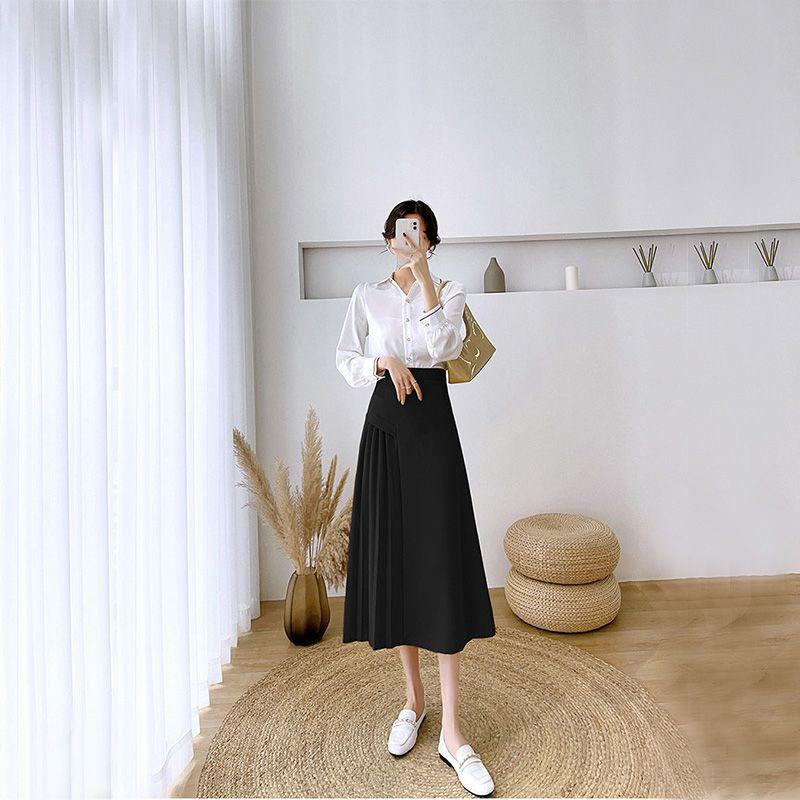 Falda Sencilla Irregular Sólida Drapeada Plisada Femenina Primavera Temperamento Viajera Cintura Alta Línea A Largo Medio Falda de Traje