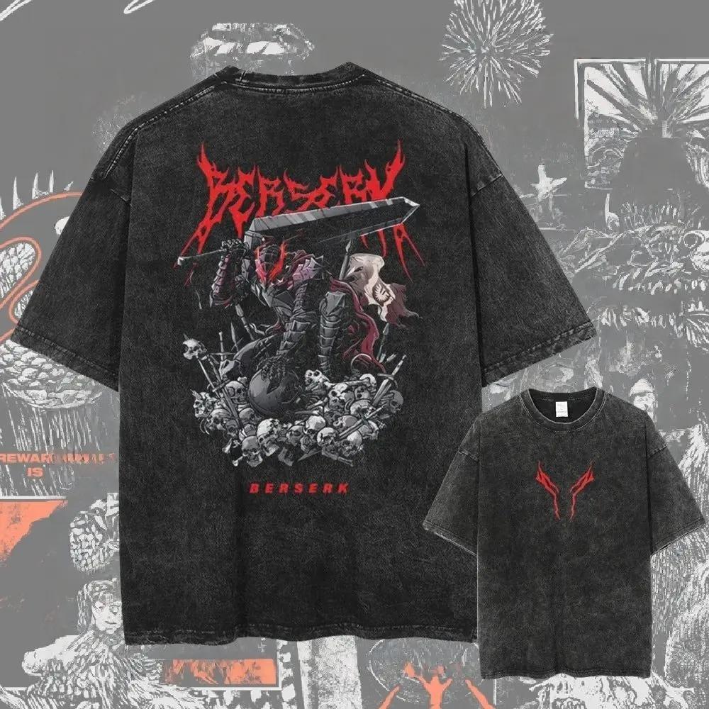 Acid Washed Berserk Print T-shirt Men Women Japan Anime Oversize Streetwear Harajuku Summer Short Sleeve Cotton Female Male Clothing