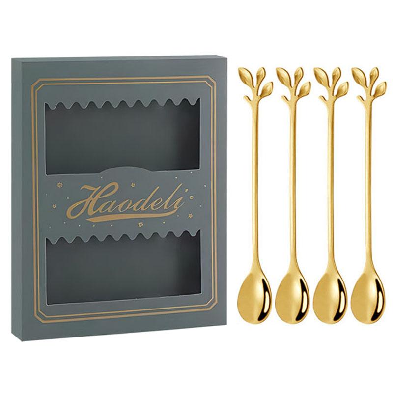 4PCS/Set 16.4 Cm Stainless Steel Leaf Coffee Spoons Tableware Dessert Spoons for Stirring, Mixing, Stirring