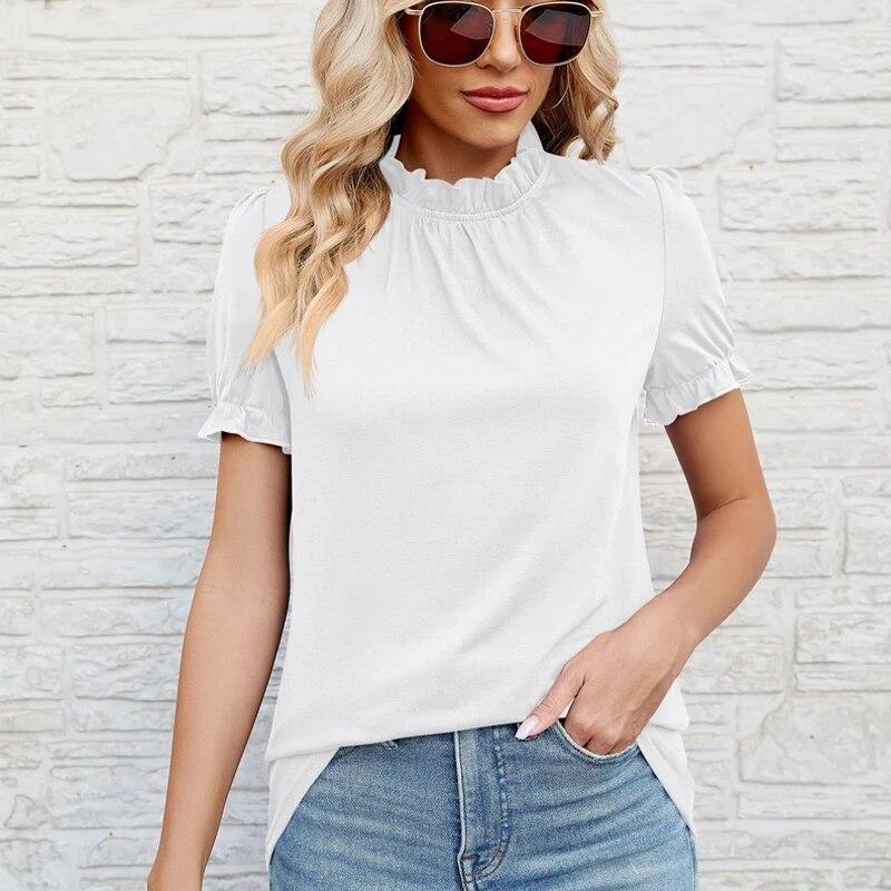 

2024 весна-лето плиссированные кружевные футболки с воротником-стойкой пышные женские футболки с короткими рукавами свободные повседневные простые футболки 30562 M белый