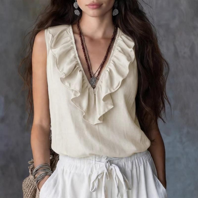 Women V neck ruffle sleeveless tank top solid pink loose boho casual camisole