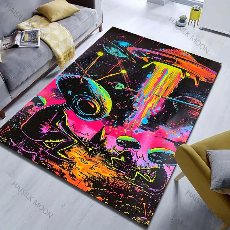 1PC Aliens and UFO Printed Carpet for Bedroom Living Room Bedside Sofa Floor Mat Modern Home Decor Area Rug Machine Wash
