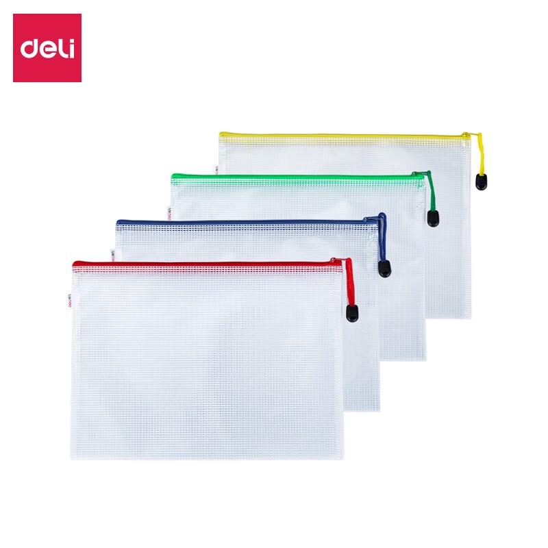 Deli A4 Soft Waterproof Zipper File Bags, 4-Pack Assorted Colors