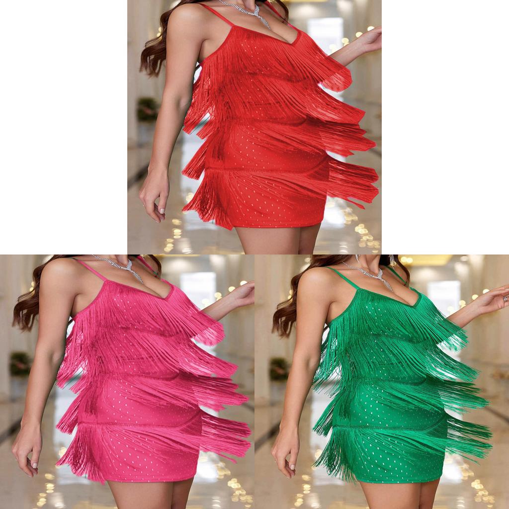 Elegante Vestito Estivo Senza Maniche con Frange e Scollo a V Profondo per Nightclub e Feste