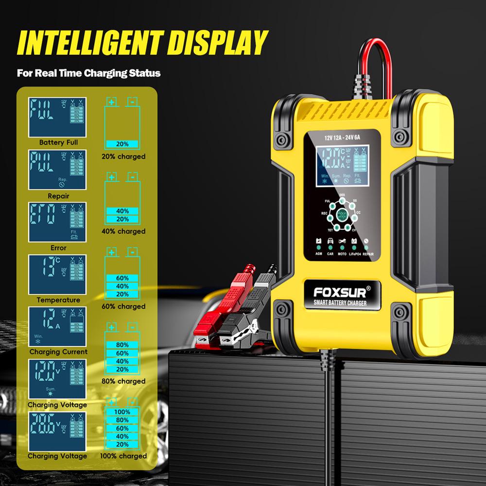 12V/24V 12A 7-Stage Smart Lead-Acid Battery Charger with Light Indicator