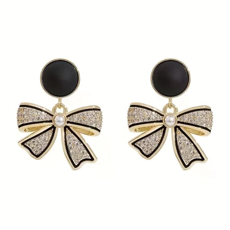 1 Pair Black Rhinestone Bow Tie Earrings, Unique Design Women's Jewelry - Valentine's Day Gift