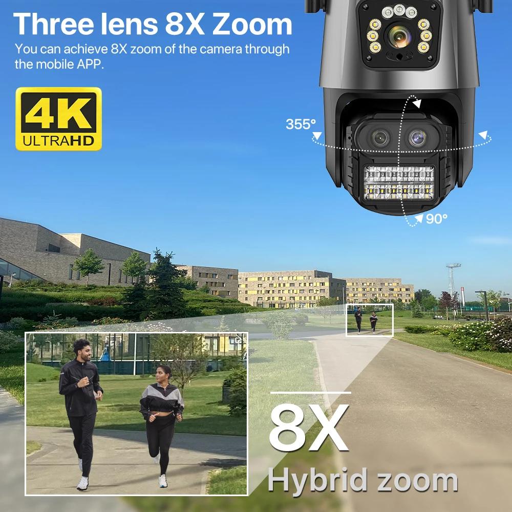 Nuova telecamera IP 4K 9MP HD EU Telecamera IP esterna Zoom 8X Tre lenti Doppio schermo Wifi Telecamera PTZ 4MP Luce della polizia Allarme Video sorveglianza Onvif ICSEE