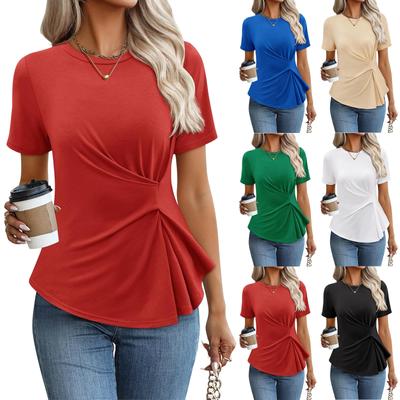 Women's Short Sleeve Round Neck Pleated Front Top Casual Loose Fit T Shirt Soft Lightweight Comfortable Blouse