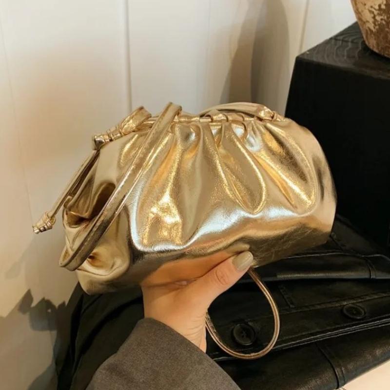 Small Luxury Design Women's Soft PU Leather Gold Silver Cloud Hobo Bag Elegant Dressy Handbag Ruched Dumpling Party Clutch Purse